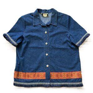 HL Design Fringed Denim Chambray Shirt Ribbon Trim Short Sleeves Vintage 90s